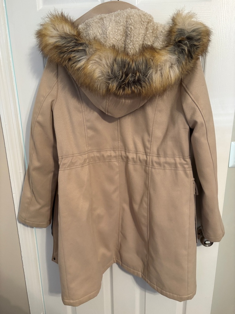 Beige Hooded Trench Coat with Faux Fur Trim - Picture 3 of 3